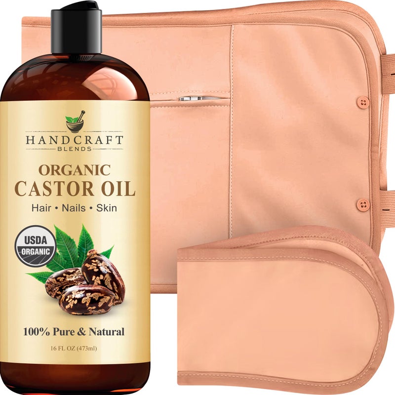 Handcraft Blends Castor Oil Pack Wrap Organic Castor Oil 16 oz with Reusable Wraps Durable Comfortable Pack Wraps for Neck and Stomach with Adjustable Elastic Straps